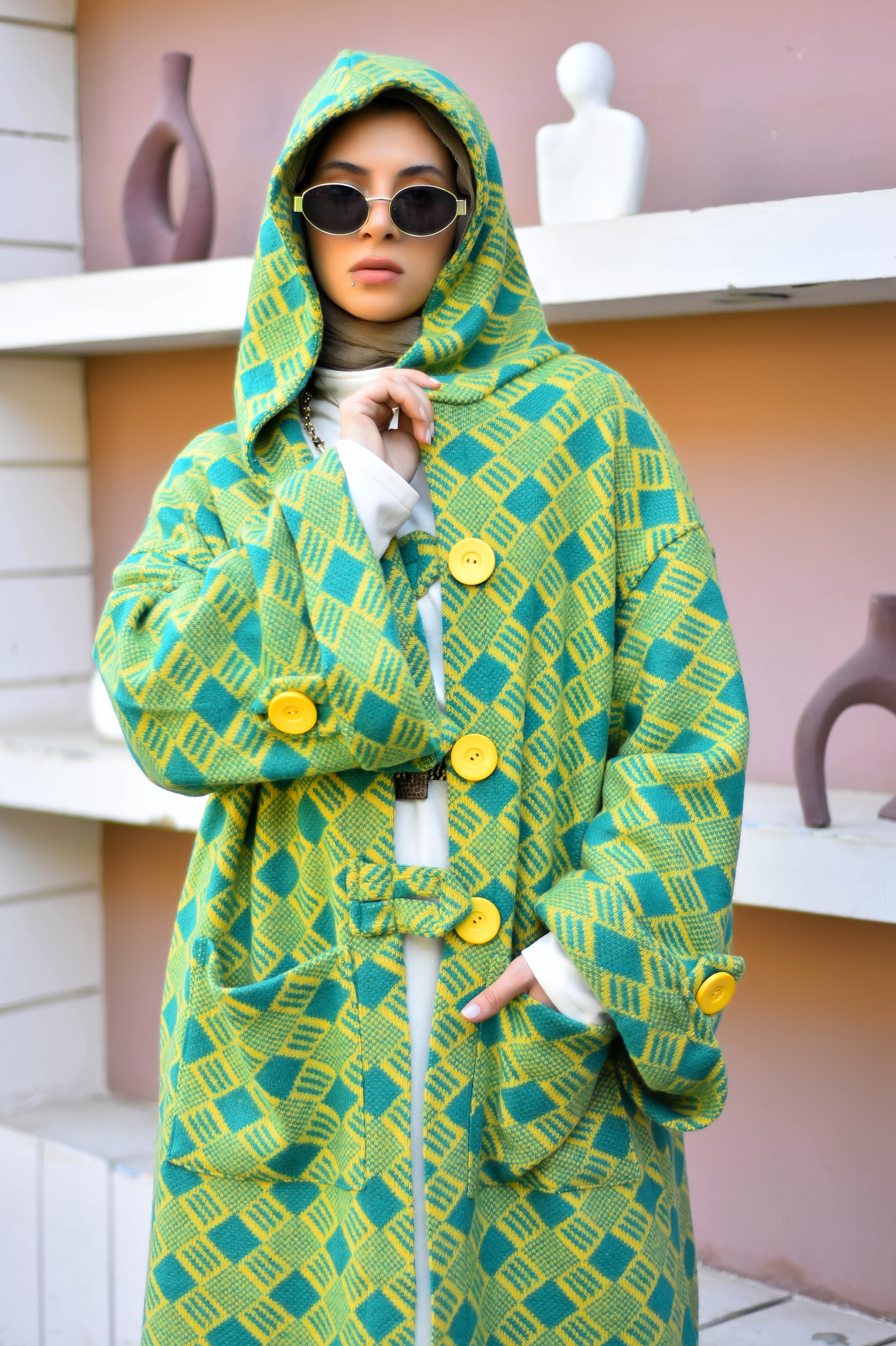 Emerald Mosaic Hooded Winter Cardigan - كارديجان الزمرد الشتوي بغطاء رأس