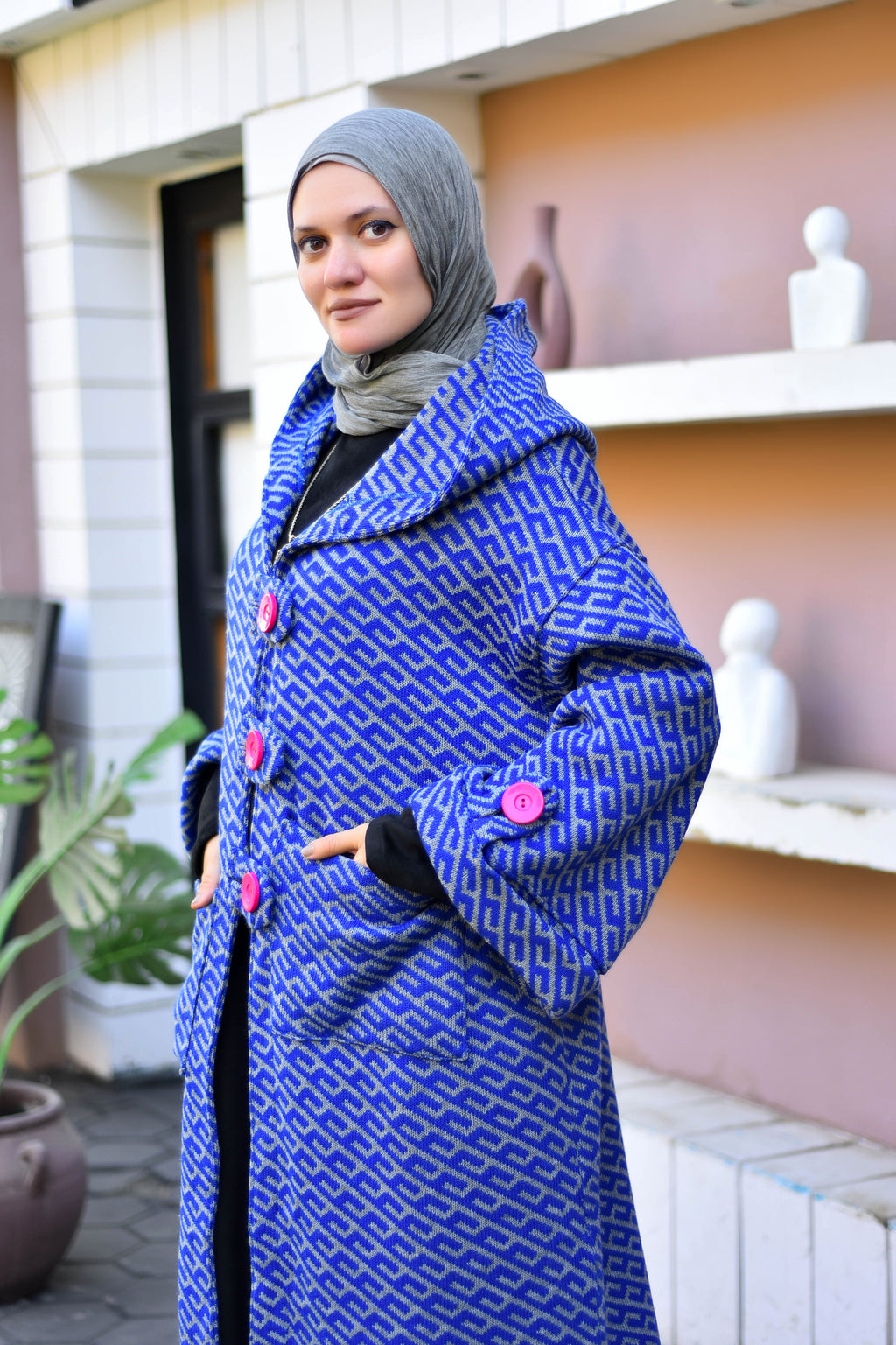 Sapphire Mosaic Hooded Cardigan - كارديجان سافير بنقشة هندسية